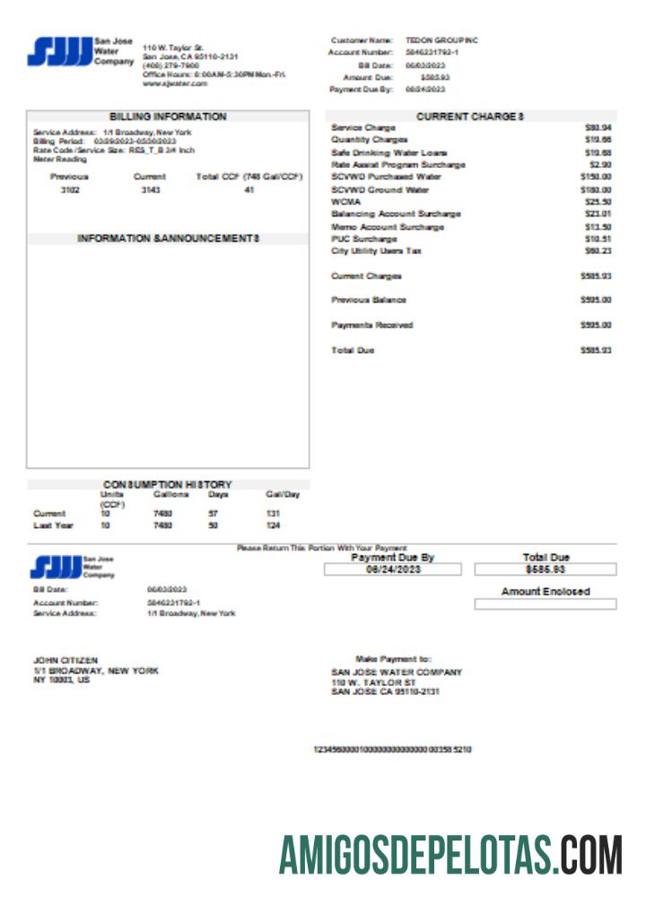 Projeto de lei de serviços públicos de água de San Jose, SCR amostra